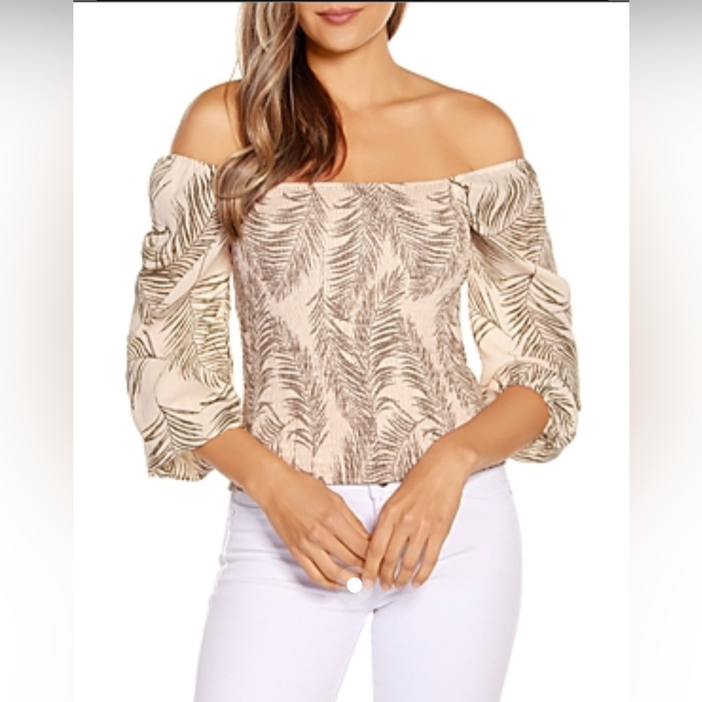 Belldini Cream Off-Shoulder Leaf Print Blouse